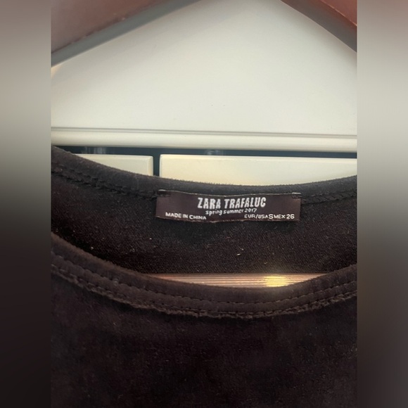 ZARA TRAFALUC Classy black suede crop top crochet lace hem ribbon side tie sz S - Picture 8 of 8